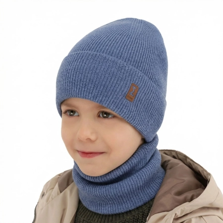 Czapka i komin dla chłopca jesienny, wiosenny komplet, niebieski, 100% wełniany merino Bruce-2