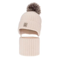Czapka i komin dla dziewczynki zimowy komplet, jasnoróżowy, 100% wełniany merino, podszyty wełnianym polarem, z pomponem