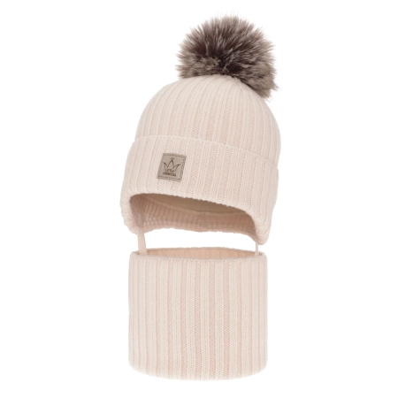 Czapka i komin dla dziewczynki zimowy komplet, jasnoróżowy, 100% wełniany merino, podszyty wełnianym polarem, z pomponem