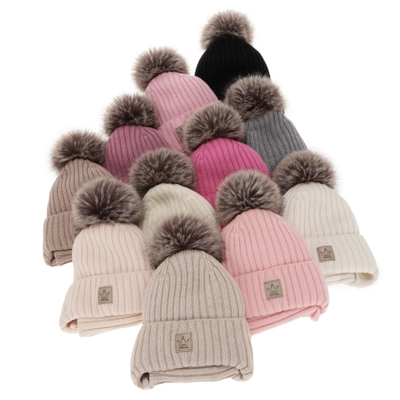 Czapka i komin dla dziewczynki zimowy komplet, jasnoróżowy, 100% wełniany merino, podszyty wełnianym polarem, z pomponem, wiązany Martina-3