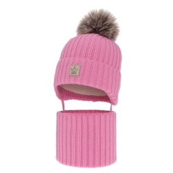 Czapka i komin dla dziewczynki zimowy komplet, różowy, 100% wełniany merino, podszyty wełnianym polarem Martina-1
