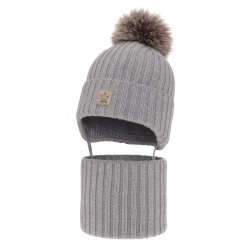Czapka i komin dla dziewczynki zimowy komplet, szary, 100% wełniany merino, wiązany, podszyty wełnianym polarem Martina-