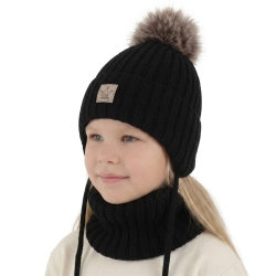 Czapka i komin dla dziewczynki zimowy komplet, czarny, 100% wełniany merino, podszyty wełnianym polarem, wiązany Martina