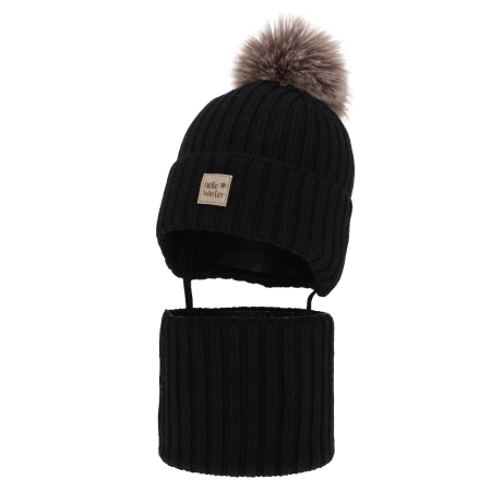 Czapka i komin dla chłopca zimowy komplet, czarny, 100% wełniany merino, podszyty wełnianym polarem, wiązany Morti-2
