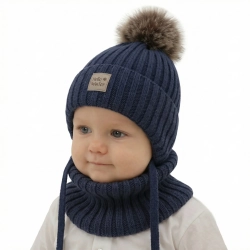 Czapka i komin dla chłopca zimowy komplet, ciemnoniebieski, 100% wełniany merino, podszyty wełnianym polarem, wiązany Mo
