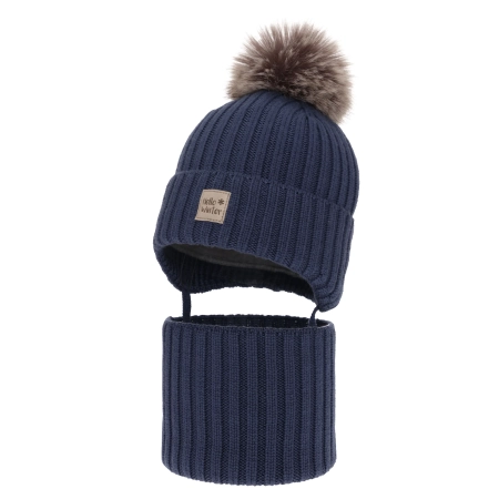 Czapka i komin dla chłopca zimowy komplet, ciemnoniebieski, 100% wełniany merino, podszyty wełnianym polarem, wiązany Morti-2