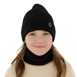 Czapka i komin dla dziewczynki jesienny, wiosenny komplet, czarny, 100% wełniany merino Brook-1