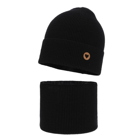 Czapka i komin dla dziewczynki jesienny, wiosenny komplet, czarny, 100% wełniany merino Brook-2