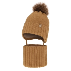 Czapka i komin dla chłopca zimowy komplet, camel, z pomponem Kayen-1