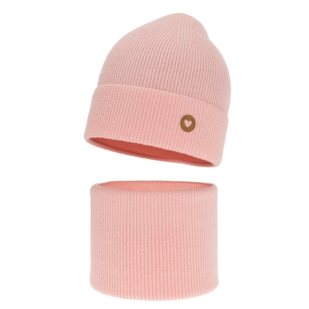 Czapka i komin dla dziewczynki jesienny, wiosenny komplet, jasnoróżowy, 100% wełniany merino Brook-1