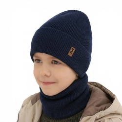 Czapka i komin dla chłopca jesienny, wiosenny komplet, granatowy, 100% wełniany merino Bruce-1