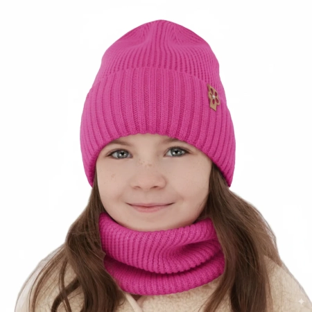 Czapka i komin dla dziewczynki zimowy komplet, różowy, 100% wełniany merino Nelita-1