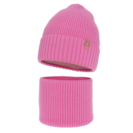 Czapka i komin dla dziewczynki zimowy komplet, różowy, 100% wełniany merino Nelita-2