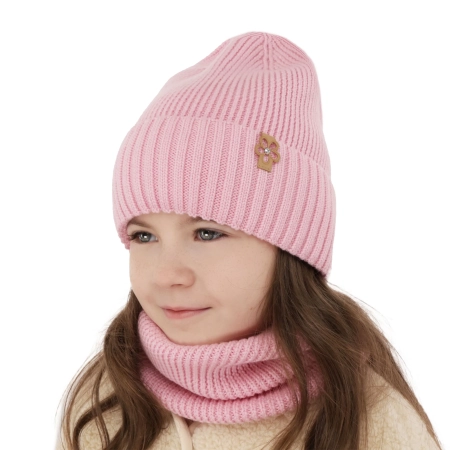 Czapka i komin dla dziewczynki zimowy komplet, różowy, 100% wełniany merino Nelita-6