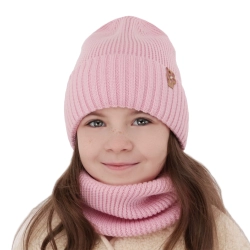 Czapka i komin dla dziewczynki zimowy komplet, różowy, 100% wełniany merino Nelita-1