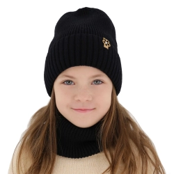 Czapka i komin dla dziewczynki zimowy komplet, czarny, 100% wełniany merino Nelita-1