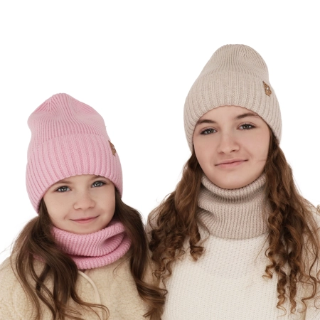 Czapka i komin dla dziewczynki zimowy komplet, szary, 100% wełniany merino Nelita-3