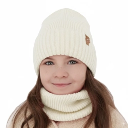 Czapka i komin dla dziewczynki zimowy komplet, kremowy, 100% wełniany merino Nelita-1