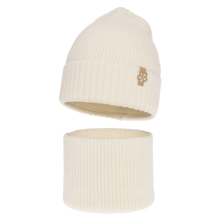 Czapka i komin dla dziewczynki zimowy komplet, kremowy, 100% wełniany merino Nelita-2