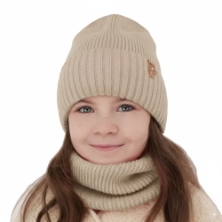 Czapka i komin dla dziewczynki zimowy komplet, beżowy, 100% wełniany merino Nelita-1