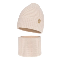 Czapka i komin dla dziewczynki zimowy komplet, jasnoróżowy, 100% wełniany merino Nelita-1