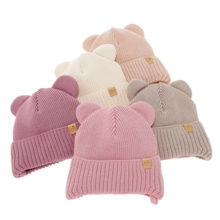 Czapka zimowa dla dziewczynki, beżowa, wiązana, z wełną merino Shira-3