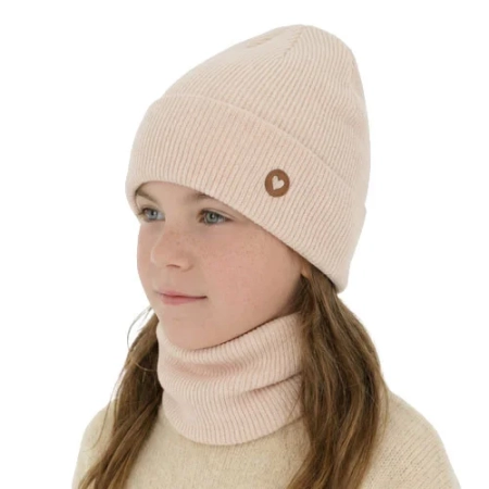 Czapka i komin dla dziewczynki jesienny, wiosenny komplet, jasnoróżowy, 100% wełniana merino Brook-1