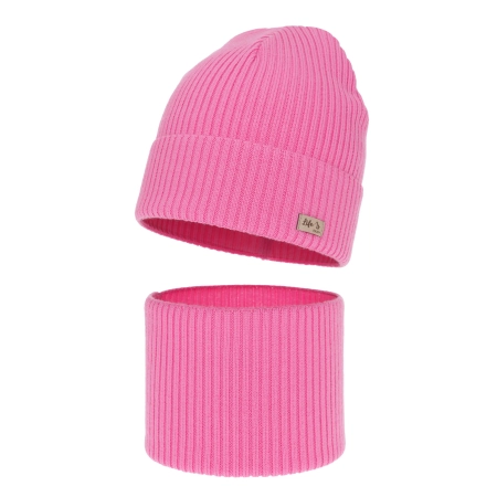 Czapka i komin dla dziewczynki jesienny, wiosenny komplet, różowy, 100% wełniany merino Itra-2
