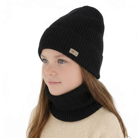 Czapka i komin dla dziewczynki jesienny, wiosenny komplet, czarny, 100% wełniana merino Itra-1