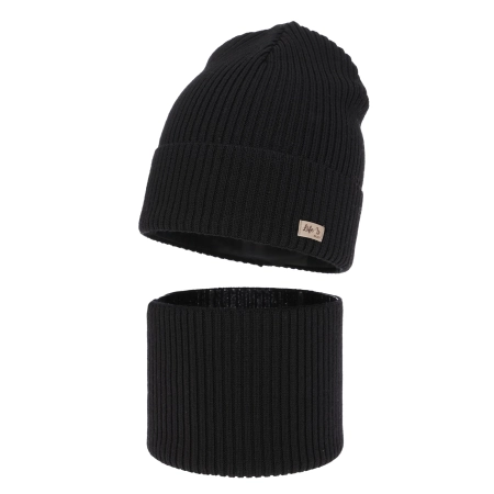 Czapka i komin dla dziewczynki jesienny, wiosenny komplet, czarny, 100% wełniana merino Itra-2