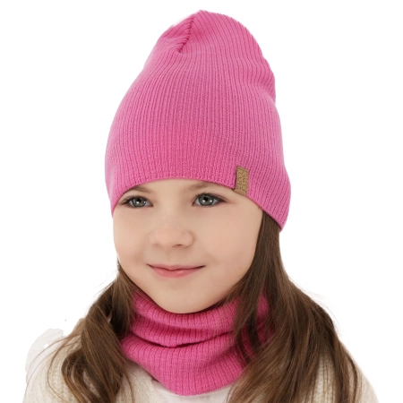 Czapka i komin dla dziewczynki jesienny, wiosenny komplet, różowy, 100% wełniany merino Ricona-1