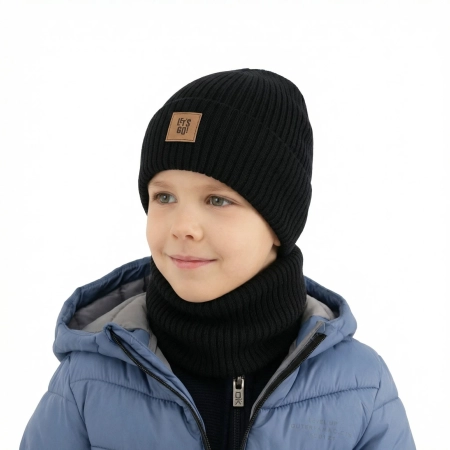 Czapka i komin dla chłopca, jesienny, wiosenny komplet czarny 100% wełniany merino Vanto-1