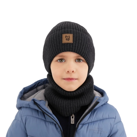 Czapka i komin dla chłopca, jesienny, wiosenny komplet czarny 100% wełniany merino Vanto-5