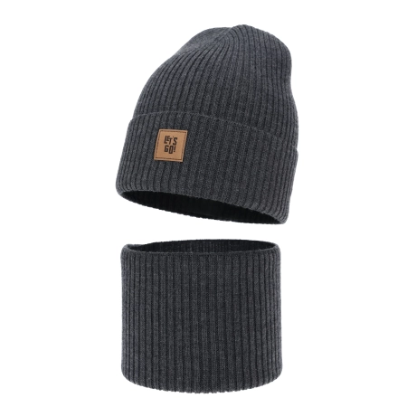 Czapka i komin dla chłopca, jesienny, wiosenny komplet szary 100% wełniany merino Vanto-2