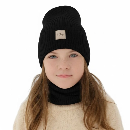 Czapka i komin dla dziewczynki, jesienny, wiosenny komplet, czarny, 100% wełniany merino, Vanita-1