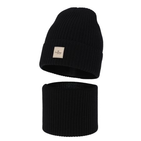 Czapka i komin dla dziewczynki, jesienny, wiosenny komplet, czarny, 100% wełniany merino, Vanita-2