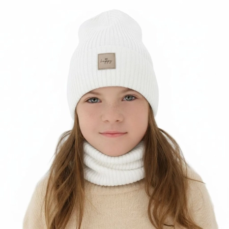 Czapka i komin dla dziewczynki, jesienny, wiosenny komplet, biały, 100% wełniany merino, Vanita-1