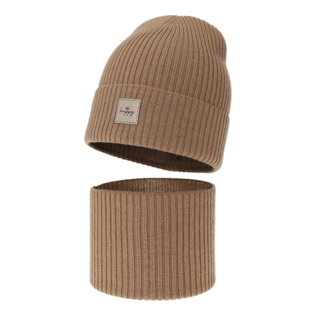 Czapka i komin dla dziewczynki, jesienny, wiosenny komplet, camel, 100% wełniany merino, Vanita-1