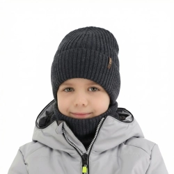Czapka i komin dla chłopca, zimowy komplet, ciemnoszary, 100% wełniany merino, Gizmo-1
