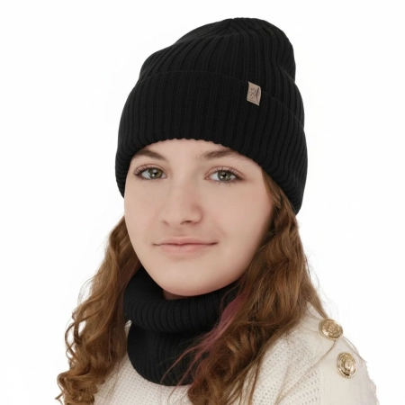 Czapka i komin dla dziewczynki, zimowy komplet, czarny, 100% wełniany merino, Patricia-1