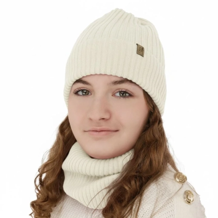 Czapka i komin dla dziewczynki, zimowy komplet, biały, 100% wełniany merino, Patricia-1