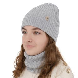 Czapka i komin dla dziewczynki, zimowy komplet, szary, 100% wełniany merino, Patricia-1