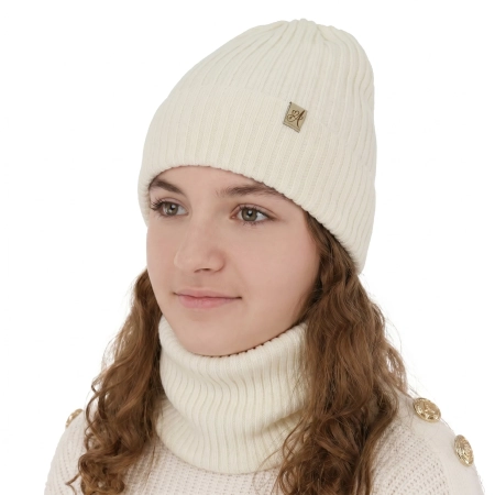 Czapka i komin dla dziewczynki, zimowy komplet, kremowy, 100% wełniany merino, Patricia-1