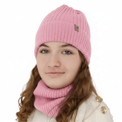 Czapka i komin dla dziewczynki, zimowy komplet, różowy, 100% wełniany merino, Patricia-1
