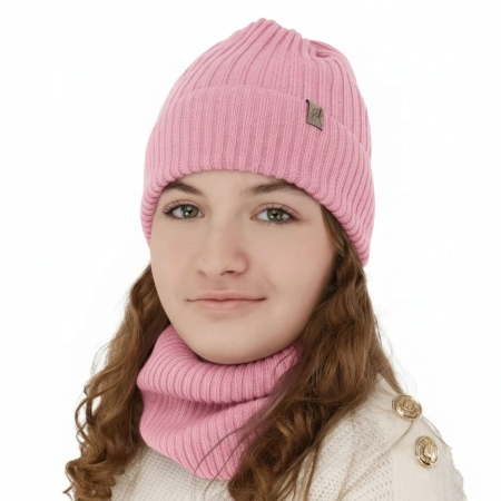 Czapka i komin dla dziewczynki, zimowy komplet, różowy, 100% wełniany merino, Patricia-1