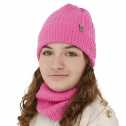 Czapka i komin dla dziewczynki, zimowy komplet, różowy, 100% wełniany merino, Patricia-1