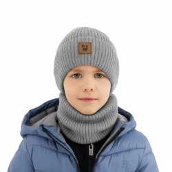 Czapka i komin dla chłopca, jesienny, wiosenny komplet szary 100% wełniany merino Vanto-1