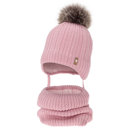 Czapka i komin dla dziewczynki zimowy komplet, różowy, z wełną merino, z pomponem, wiązany Muanda-2