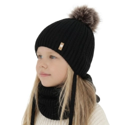 Czapka i komin dla dziewczynki zimowy komplet, czarny, z wełną merino, z pomponem, wiązany Muanda-1