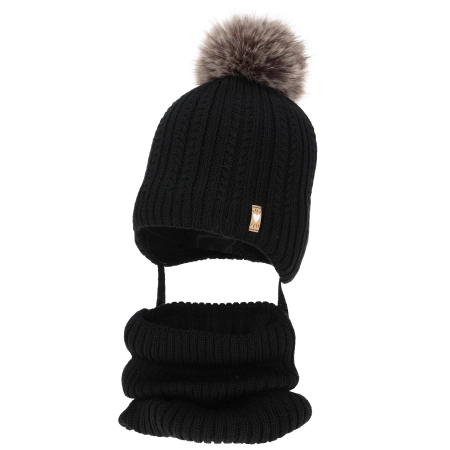 Czapka i komin dla dziewczynki zimowy komplet, czarny, z wełną merino, z pomponem, wiązany Muanda-2